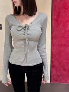 Slim Fit Long Sleeve T-Shirt Korean Style Unique Design Collar Tie Womens Casual Versatile Top Commute Style Regular Length