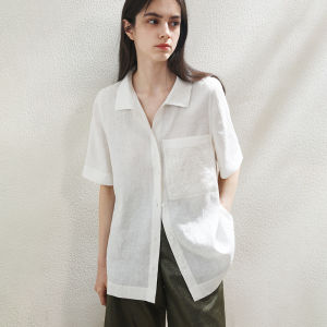 Miccbeirn | Pure Linen Embroidered Short Sleeve Shirt Elegant Turn-down Collar Commute Versatile Womens Top Simple Cool Feeling Blouse