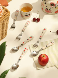 Blue Lotus Home Panda Flower 304 Stainless Steel Ceramic Handle Childrens Fork Spoon Creative Cute Dessert Spoon Utensils
