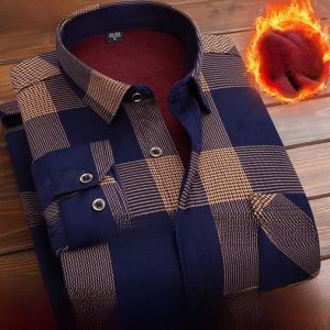 Mens Casual Plaid Long Sleeve Shirt Warm Thickened Fleece Winter Fashion Dad Clothes Autumn Winter Style Square Collar Shirt