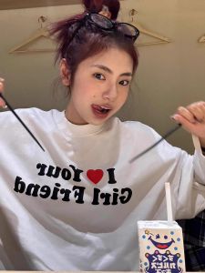 Chic White Long Sleeve T-Shirt Womens Early Autumn New Loose Base Layer Top Korean Style Comfortable Cotton Letter Print