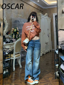 American Retro Low Waist Bell Bottom Jeans Womens Loose Versatile Slimming Floor Length Bell Pants Autumn New Style Blue Cotton