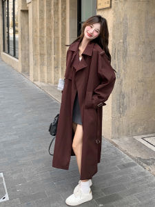 Ankla Red Long Coat Womens Outerwear Intellectual Style Spring Autumn Korean Version Casual Loose Fit Polyester Fabric