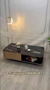 Bàn trà đơn Sofa phòng khách mặt kính hoặc đá cốt gỗ MDF phủ hợp kim màu đồng xước giả đá Copper Bush 2 sang trọng