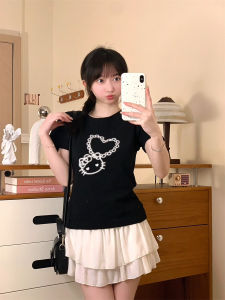 Chic Short Sleeve T-Shirt Korean Style Graffiti Heart Kitty Cat Print Slim Fit Womens Top Not Show Waist Short Length