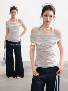 BAIDAIFEI | Blue Striped Off-Shoulder T-Shirt Waisted Illusion Two-Piece