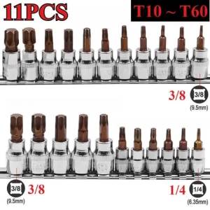 11Pcs Drive Socket Set Torx Screwdriver Bits 3/8 1/4inch Wrench Socket Adapter T10 T15 T20 T25 T27 T30 T40 T45 T50 T55 T60