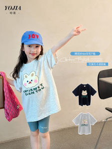 Yojia Girls Short Sleeve Cotton T-Shirt Mid-Length Summer Style Childrens Clothing Loose Fit Cartoon Print round Neck Top