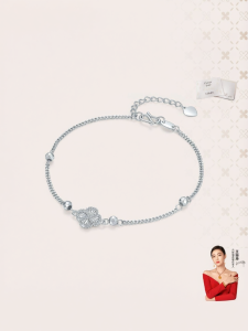 Platinum Chain Bracelet Four-leaf Clover Round Beads for Girlfriend Birthday Gift