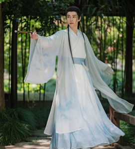 Original Hanfu Water Dyeing Print Set Waist-Length Large Sleeve Collar Intersecting Men Women CP Ancient Landscape Pattern