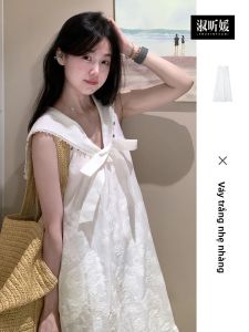 SUSIEYUAN | Váy trắng cổ thuyền phong cách Pháp thanh lịch mùa hè 2025 Váy dài chữ A dáng rộng không tay cho nữ Váy ngọt ngào thường ngày