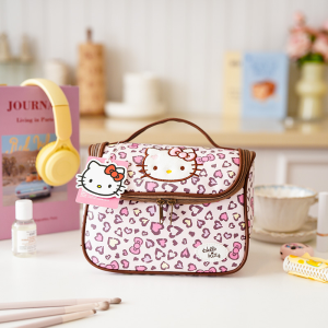 Sanrio | Gentle Pink Leopard Print Hello Kitty Embroidered Storage Bag Multifunctional Portable Travel Toiletry Bag Large Capacity Make