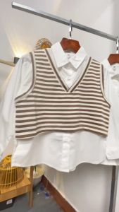 Áo sơ mi trắng cho bé gái dài tay size đại 5-12 tuổi phối gile chất liệu vải thô mềm cao cấp