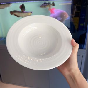 New Chinese Style Feather Patterned Grass Hat Dish Multi-Functional Bone China Salad Plate Pasta Dessert Deep Dish Breakfast Plate 24cm