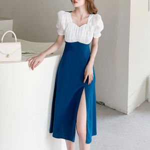Summer Fashion Elegant Design Square Collar Chiffon Panel Short Sleeve Dress