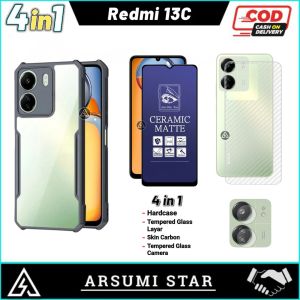 Paket 4in1 Case XIAOMI REDMI 13C Series Hardcase Armor Tpu Shookprof Transparans Casing Bonus Anti Gores Ceramic Matte Anti Spy + Skin Camera Lens + Skin Carbon 3D