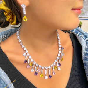 SEQUITO Luxury Brides Jewelry Set White Gold Plated Full Pave Setting Waterdrop Cut AAAAA Cubic Zirconia Fashoin Tassel Earrings Necklace Set for Wedding Party SJ376