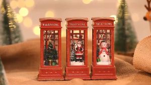 Christmas Ornament Phone Booth Shape Cartoon Design Plastic Glowing Santa Claus Style Light for Home