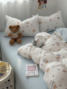 INS Korean Artsy Cartoon Umbrella Bear Bubble Cotton Four-Piece Set Washed Cotton 1.8 Bed Sheets Dormitory Three-Piece Set