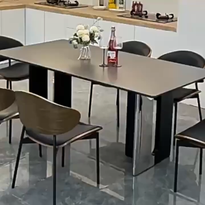 โต๊ะอาหารหินอ่อนแท้ ลายไม้แบบมินิมอล ขา T ขนาด 120/140/160/180cm ทนทาน สไตล์โมเดิร์น