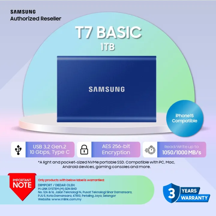 Samsung T7 Portable SSD 1TB / 2TB / 4TB USB Gen 2 Seq.Read Speeds Up to 1,050MB/s, Best for Daily Use