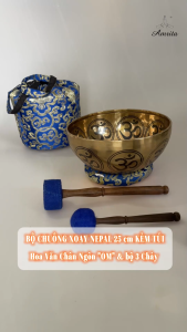 [Amrita] Bộ Chuông Xoay Nepal Cao Cấp 25cm Kèm Túi Họa Tiết Chân Ngôn "Om" - Chuông thiền định - Bộ chuông Nepal CXNP78