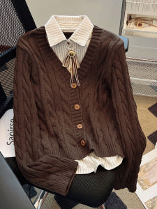 Elegant Striped Polo Neck Fake Two-Piece Sweater Coat Womens Spring Autumn Fashionable Design Sense Shirt Top Korean Style