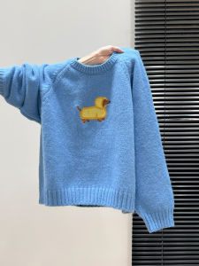 เสื้อสเวตเตอร์ถักคอตั้งแขนยาวทรงหลวมสำหรับผู้หญิง ฤดูใบไม้ร่วง/ฤดูหนาว ผ้าฝ้ายผสมโพลีเอสเตอร์ ลายดอกไม้ ลายสัตว์ แฟชั่น