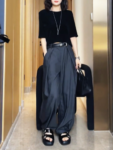 Deep Grey Womens Summer New High Waist Wide Leg Pants Loose Fitting Trousers for All Body Types Korean Style Office Wear