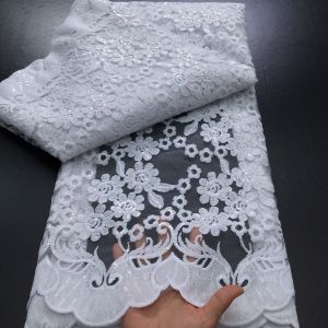 สีขาวภาษาฝรั่งเศสคําตาข่ายผ้าลูกไม้Tulleผ้าคุณภาพสูง 2025 5 หลาแอฟริกันSequinsลูกไม้ผ้างานแต่งงานชุดสําหรับผู้หญิงA4043