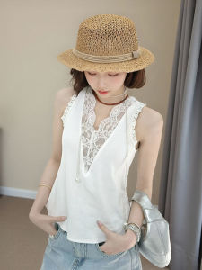 White V-Neck Lace Trim Halter Vest Womens Summer New Design Sensibility Unique Top Elegant Atmosphere Commute Style Straight Cut