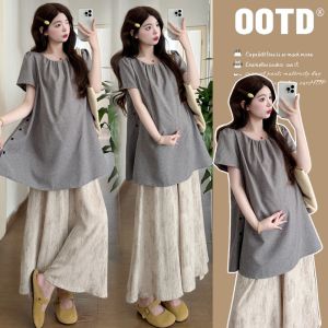 Pregnancy Friendly Summer Korean Style Loose and Slim Fit Top and Wide Leg Pants Set