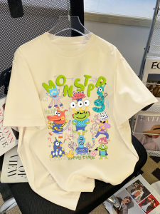 plus Size Womens Cotton T-Shirt Summer Loose Design Cartoon Letter Print Commute Style round Neck Short Sleeve Top