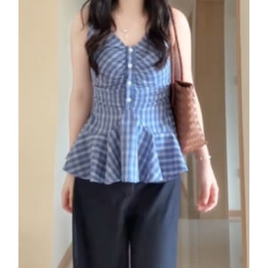 YUEZHONGWEI | French Style V-Neck Blue Plaid Strap Vest Women Summer Outdoor Wear Slim Fit Waist Cinched Top Commute Fashion Printed Design