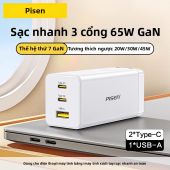 Pisen 65W GaN Bộ Sạc Tường 3 Cổng Type-C USB-A Sạc Nhanh Cho iPhone 16 15 MacBook Android Huawei iPad