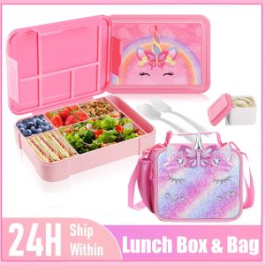 Unicorn Kids Lunch Box & Bag for School Leak-Proof 6-Compartment Bento Box with Insulated Lunch Bag Microwave Safe Pink New 2024