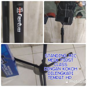 standing Mic floor dudukan Mic panjang tempat Mic mesjid panggung event ruang meeting mimbar imam Merk firsclass ringan kokoh dilengkapi dengan tempat HP
