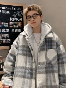 EECOOL Plaid Hooded Thickened Cotton Jacket Mens Autumn Winter Warm Woolen Coat Trendy Brand American Style Teenage Boys Outerwear