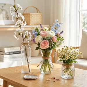 Set 3 Bình Thủy Tinh Tròn Loe SC Sọc Thắt Dây Bố Kiểu Dáng Bắc Âu Lọ Hoa Decor Nhà Cửa Sang Trọng