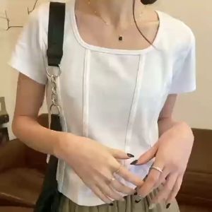 Kaus lengan pendek leher persegi retro Korea untuk wanita atasan crop pendek ramping pinggang tinggi