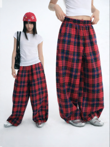 JNXS | Quần Ống Rộng Cạp Chun Retro Phối Màu Đỏ Xanh Lam Thu