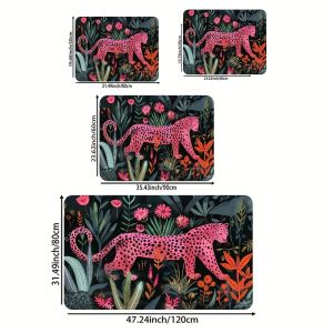 VIKAMA Vibrant Jungle Pink Leopard Print Floor Mat Machine Washable Entryway Living Room Decorative Floor Mat Home Decoration
