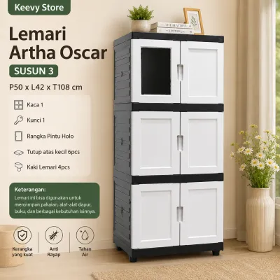 Lemari Artha Oscar Kecil 1 Kaca 1 Rangka Putih Holo Tutup Atas 6pcs Kaki Lemari 4pcs Susun 3