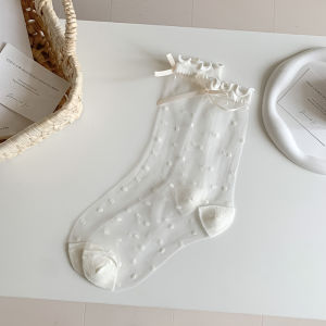 Polka Dot Wooden Ear Crystasilk Sock Womens Summer Thin Breathable Japanese Style JK Bows Ballet Style Transparent Tube Socks