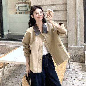 Retro Barn Style Color Block Collar Workwear Jacket Womens Short Casual Korean Personality Autumn New Arrival Polyester