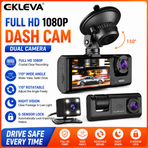 EKLEVA 3 Channel Dash Cam 1080P Full HD Car DVR Dashboard Camera Driving Recorder with 2.35 Inch IPS Touch Screen 360° 170 Degree Wide Angle IR LED WDR G-Sensor Motion Detection Loop Recording