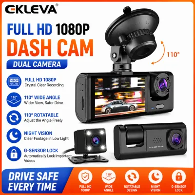 EKLEVA 3 Channel Dash Cam 1080P Full HD Car DVR Dashboard Camera Driving Recorder with 2.35 Inch IPS Touch Screen 360° 170 Degree Wide Angle IR LED WDR G-Sensor Motion Detection Loop Recording