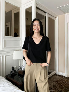 Pusumede Black V-Neck Short Sleeve T-Shirt Womens Casual Versatile Pure Cotton Shoulder-Length Top for Summer Commute