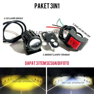 Paket 3In1 Lampu Tembak D2 Laser Mini Putih Kuning + Saklar Stang 3Mode + Breket Lampu Tembak Besi