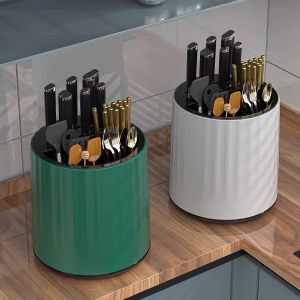 Kitchen Multi-Function Rotating Knife Holder Storage Box Chopsticks Tube Rack Integrated Design Home Use Utility Shelf